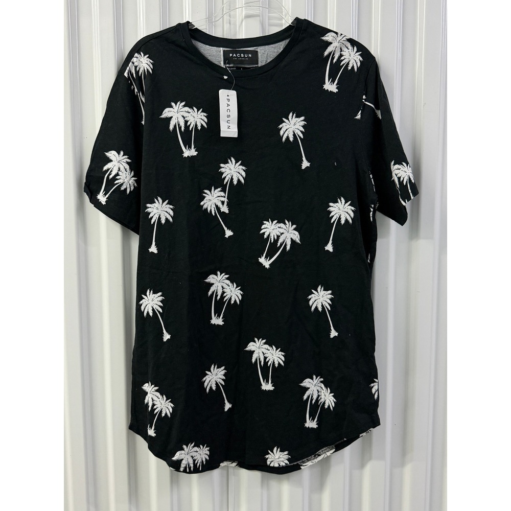 PacSun Palm Tree T-Shirt Mens L Black New Scallop Fit Curved Hem Short Sleeve